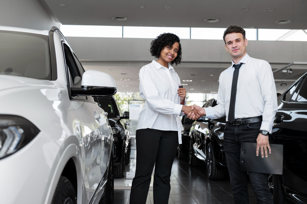 Duas pessoas em uma Agência de Veículos apertando as mãos, simulando a venda de um novo carro